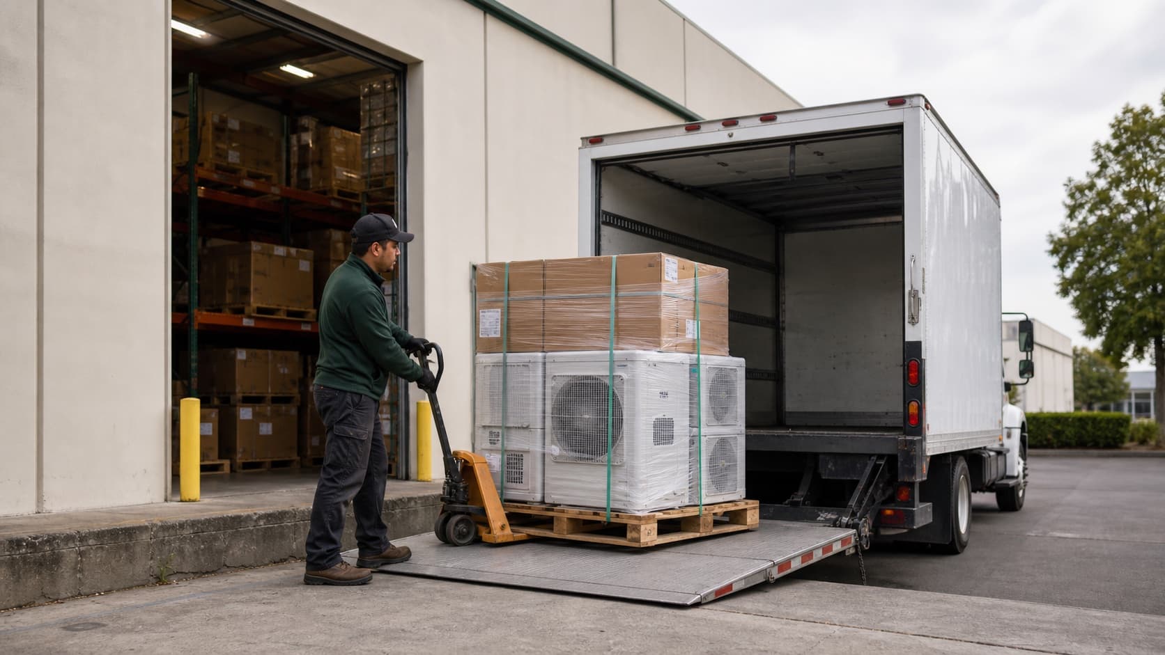 HVAC equipment pallet being prepared for Bay Area local delivery