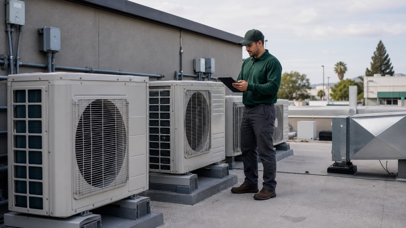 Light commercial HVAC rooftop equipment being inspected by a technician