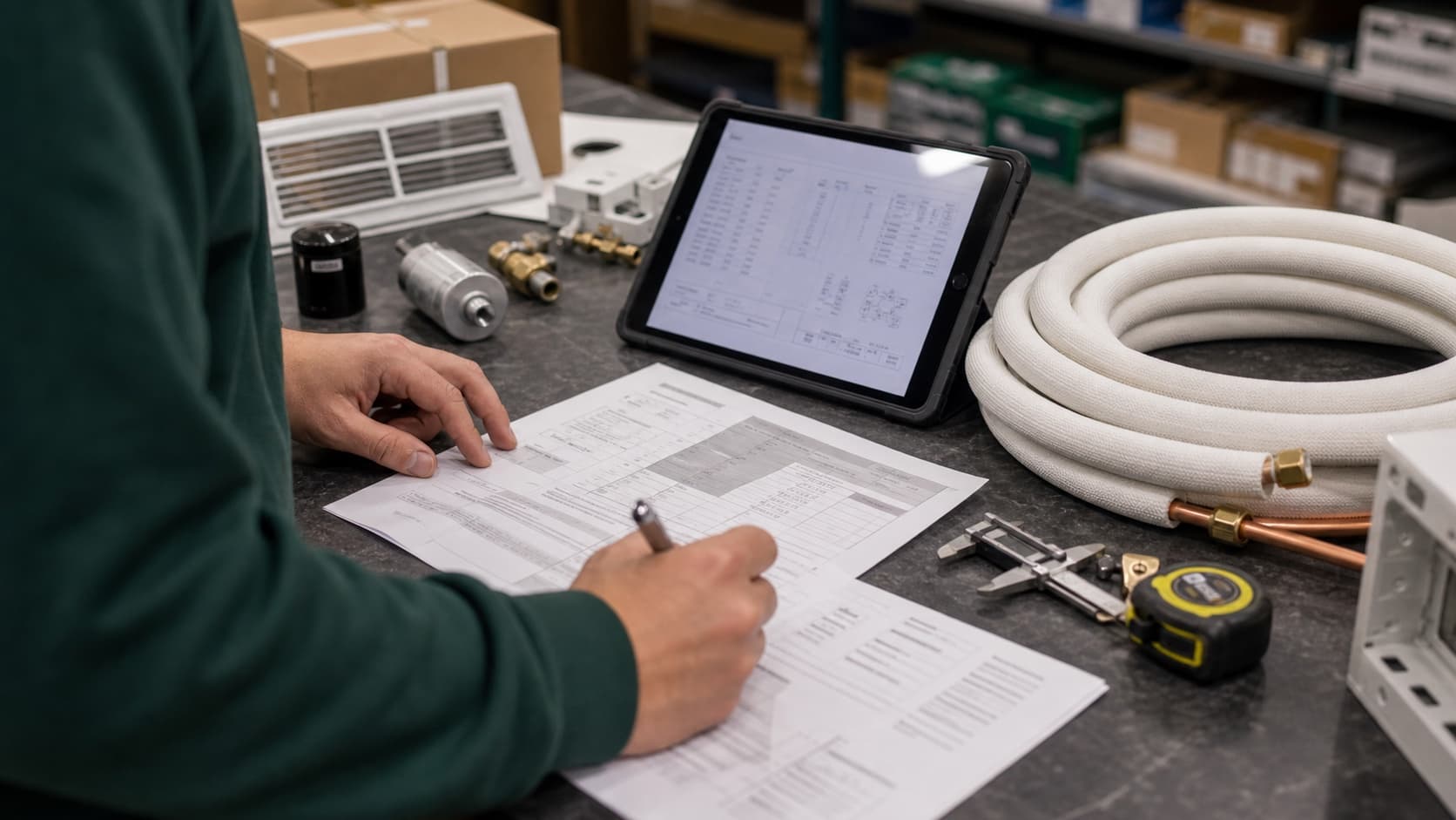 HVAC spec sheets, line set materials, and product documents on a contractor workbench